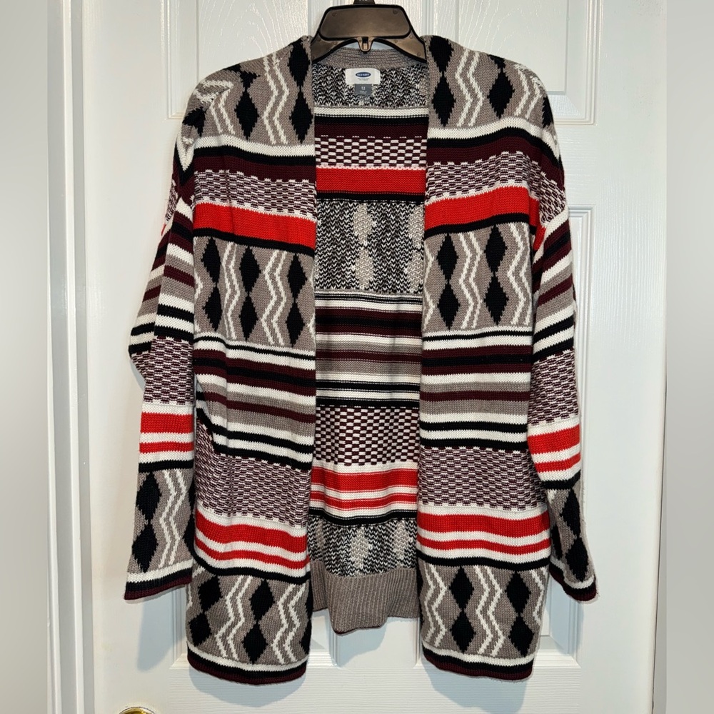 Old Navy Geometric Patterned Cardigan - Red, Black, Taupe. Size XS